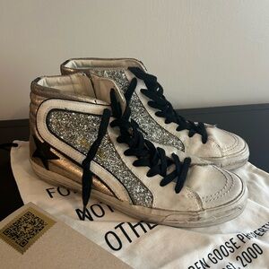 Golden Goose Metallic Silver High-Tops with Black Star